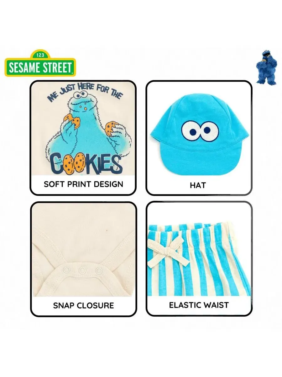 Комплект из боди, шорт и кепки "Baby Cookie Monster" Sesame Street — изображение 2 из 3, синий