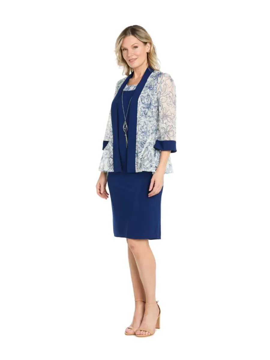 Комплект из платья и жакета с принтом, модель Petite Scoop Neck Jacket Dress R & M Richards — изображение 2 из 5, синий