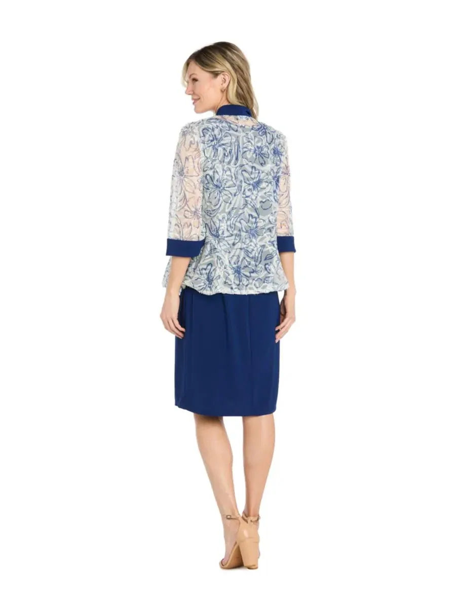 Комплект из платья и жакета с принтом, модель Petite Scoop Neck Jacket Dress R & M Richards — изображение 5 из 5, синий