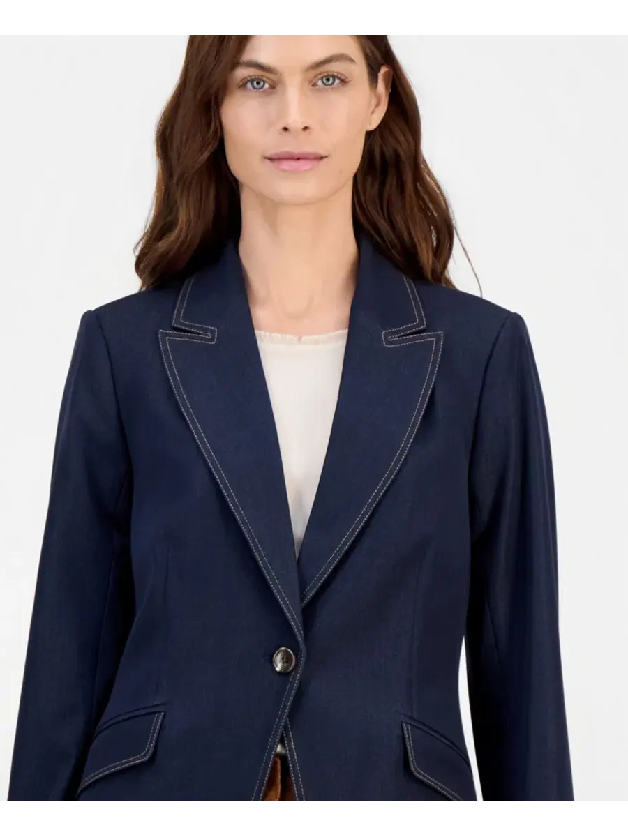Пиджак джинсовый на одной пуговице Petite Denim Single-Button Blazer Tahari ASL — изображение 2 из 4, темный джинсовый синий