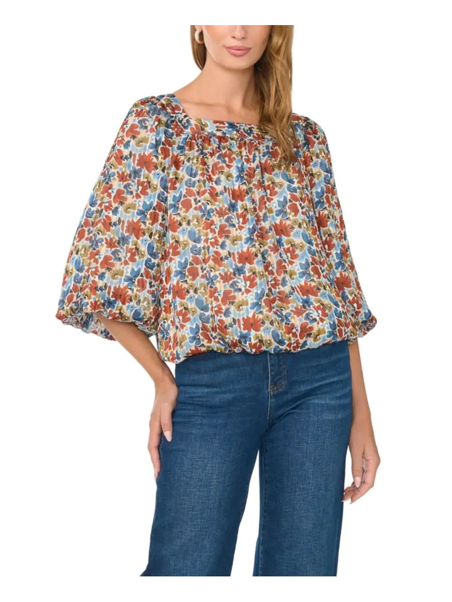 Блуза с квадратным вырезом и рукавом 3/4 с цветочным принтом, модель Floral Square Neck 3/4-Sleeve