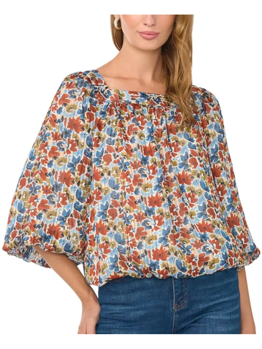 Блуза с квадратным вырезом и рукавом 3/4 с цветочным принтом, модель Floral Square Neck 3/4-Sleeve — изображение 3 из 6