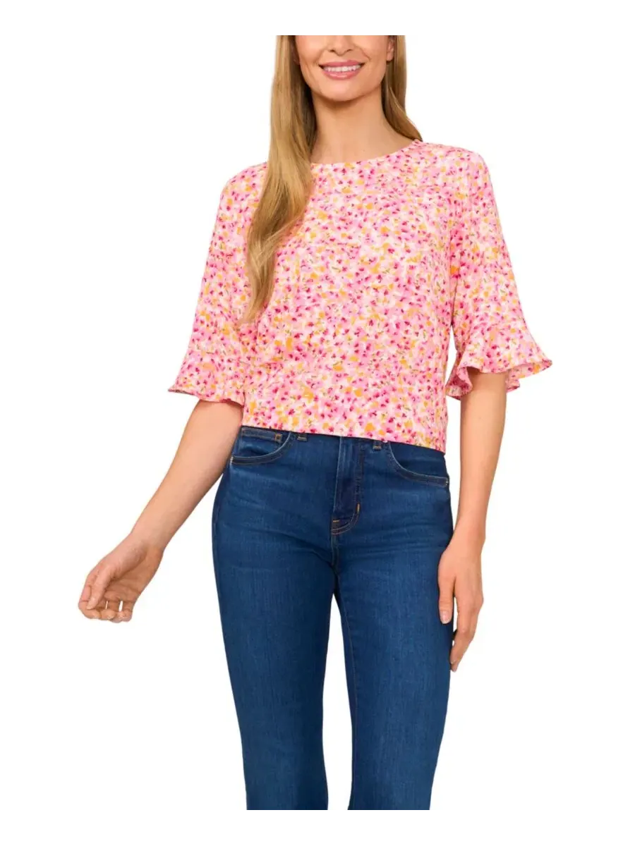 Блузка с принтом, с длинным рукавом 3/4 и манжетами с рюшами, модель Floral Crewneck CeCe