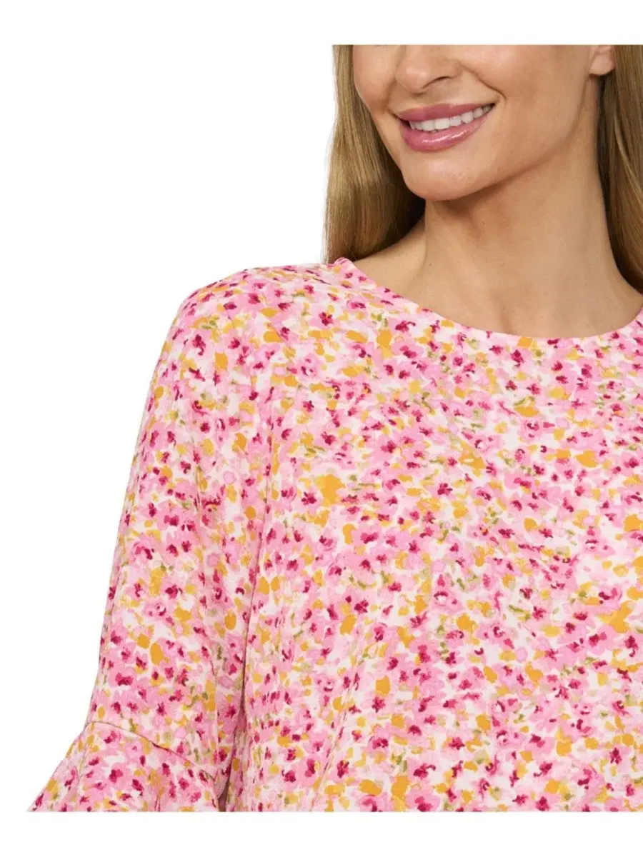 Блузка с принтом, с длинным рукавом 3/4 и манжетами с рюшами, модель Floral Crewneck CeCe — изображение 2 из 3