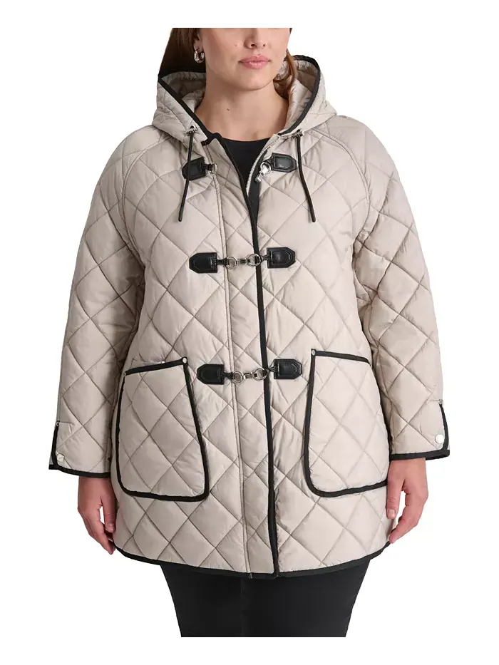 Пальто стеганое с капюшоном и застежкой-молнией большого размера DKNY