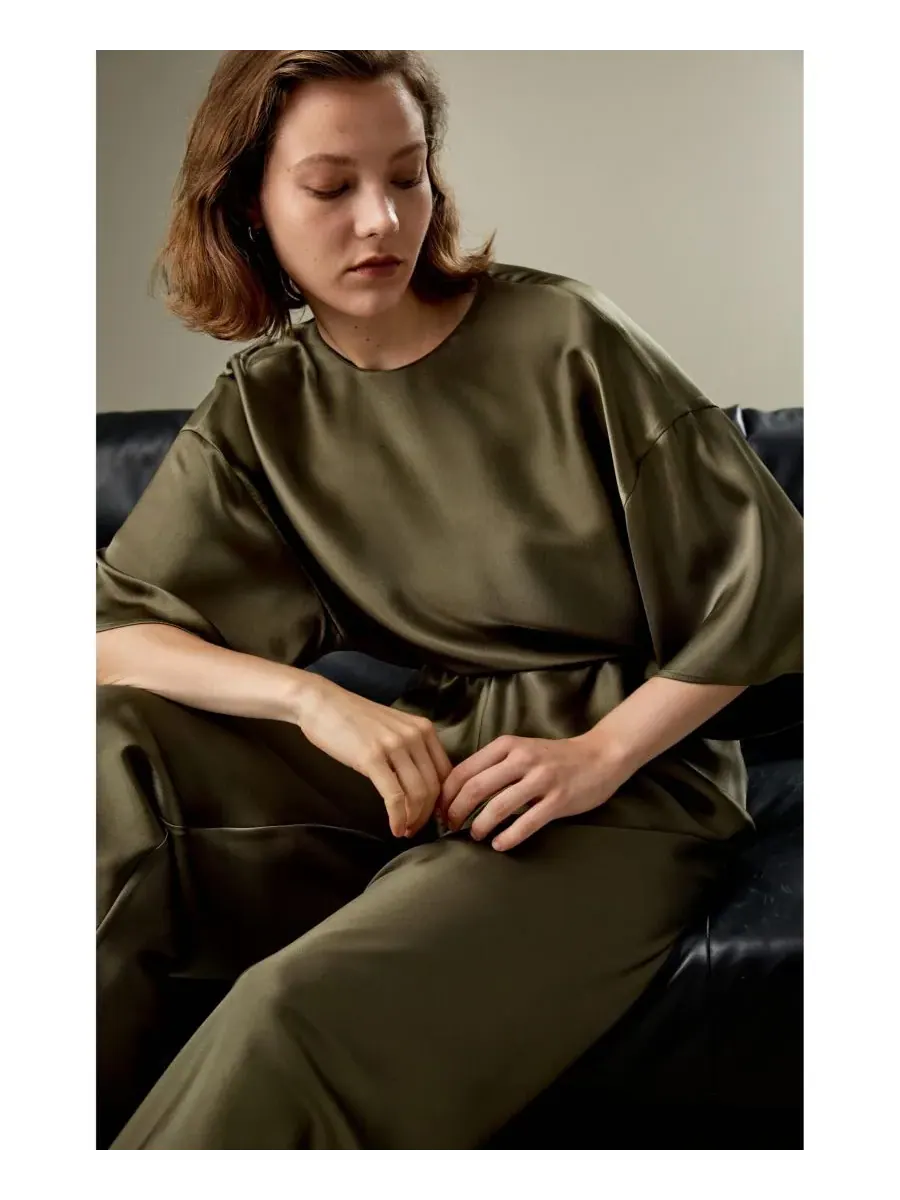 Женская шелковая блузка свободного кроя с круглым вырезом LILYSILK — изображение 4 из 5, папоротник