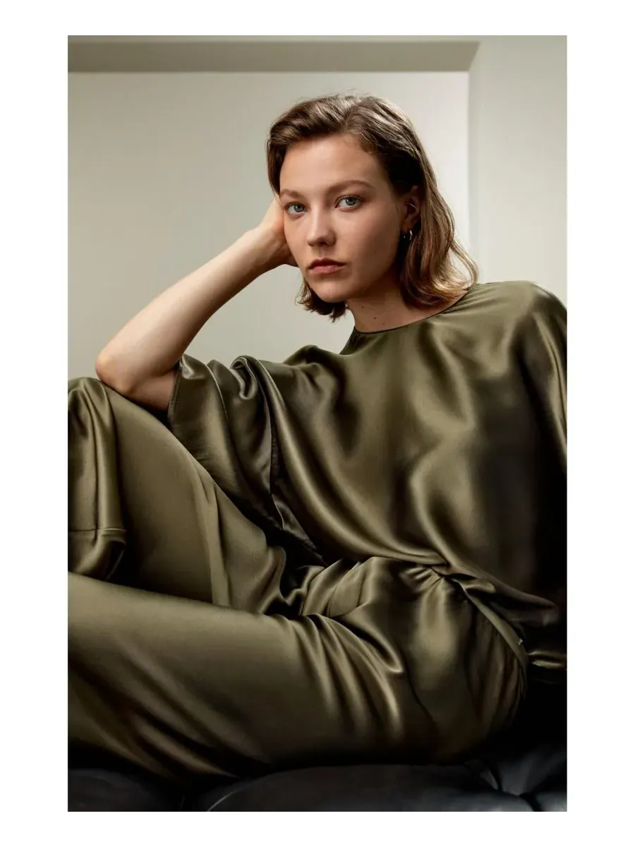Женская шелковая блузка свободного кроя с круглым вырезом LILYSILK — изображение 5 из 5, папоротник