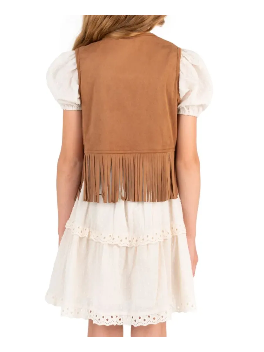 Комплект из платья и жилета с бахромой Clip Dot Cotton Puff Sleeve Dress Rare Editions — изображение 3 из 7, белый