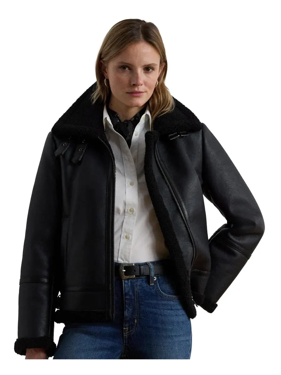 Куртка-косуха из эко-кожи с отделкой из искусственного меха, модель Moto Faux-Leather Jacket Lauren