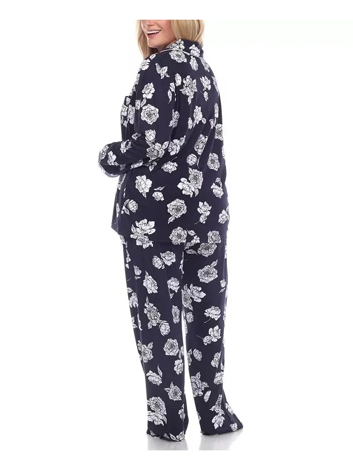 Пижамный комплект с длинными рукавами и цветочным принтом больших размеров — изображение 3 из 5, темно-синий