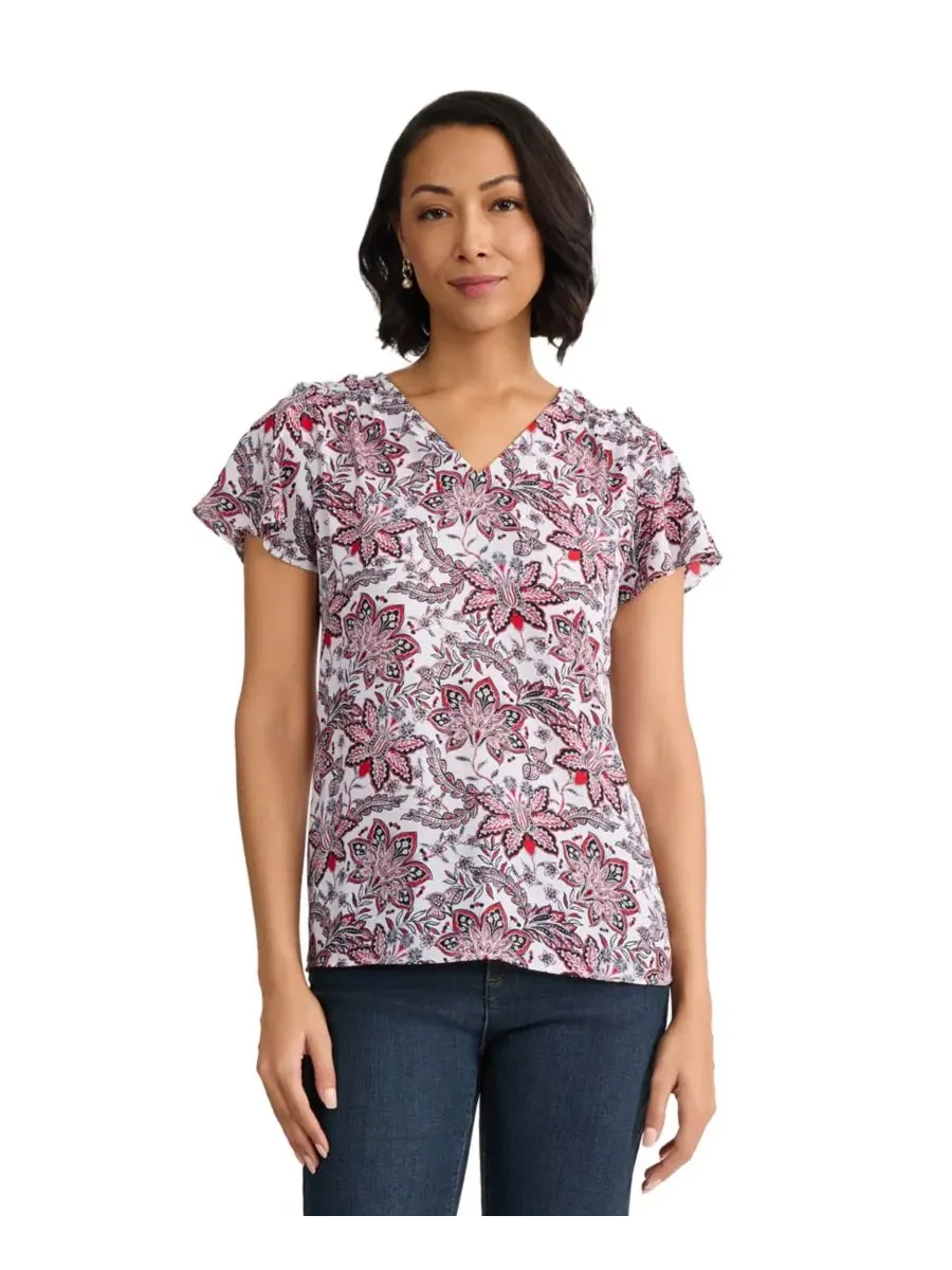 Блуза с V-образным вырезом и короткими рукавами-воланами, модель Petite V-Neck Pull-On Top Jones