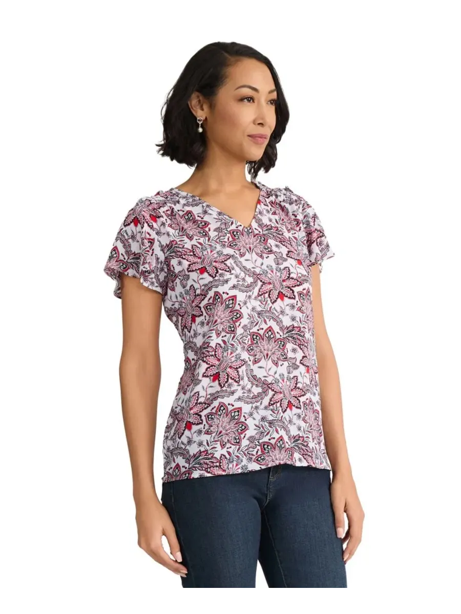 Блуза с V-образным вырезом и короткими рукавами-воланами, модель Petite V-Neck Pull-On Top Jones — изображение 2 из 4