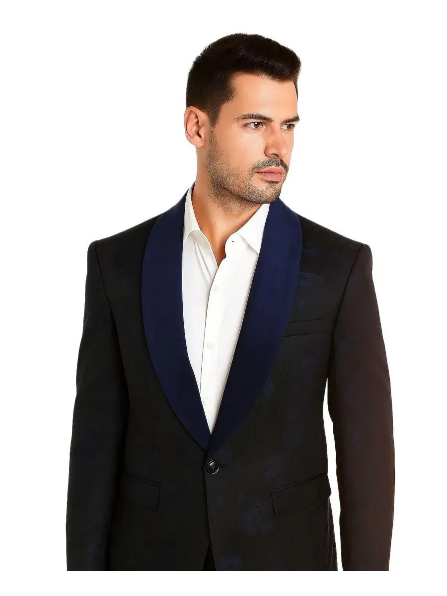 Мужской пиджак с цветочным принтом и шалевым воротником, Slim Fit Elie Balleh — изображение 2 из 3, темно-синий