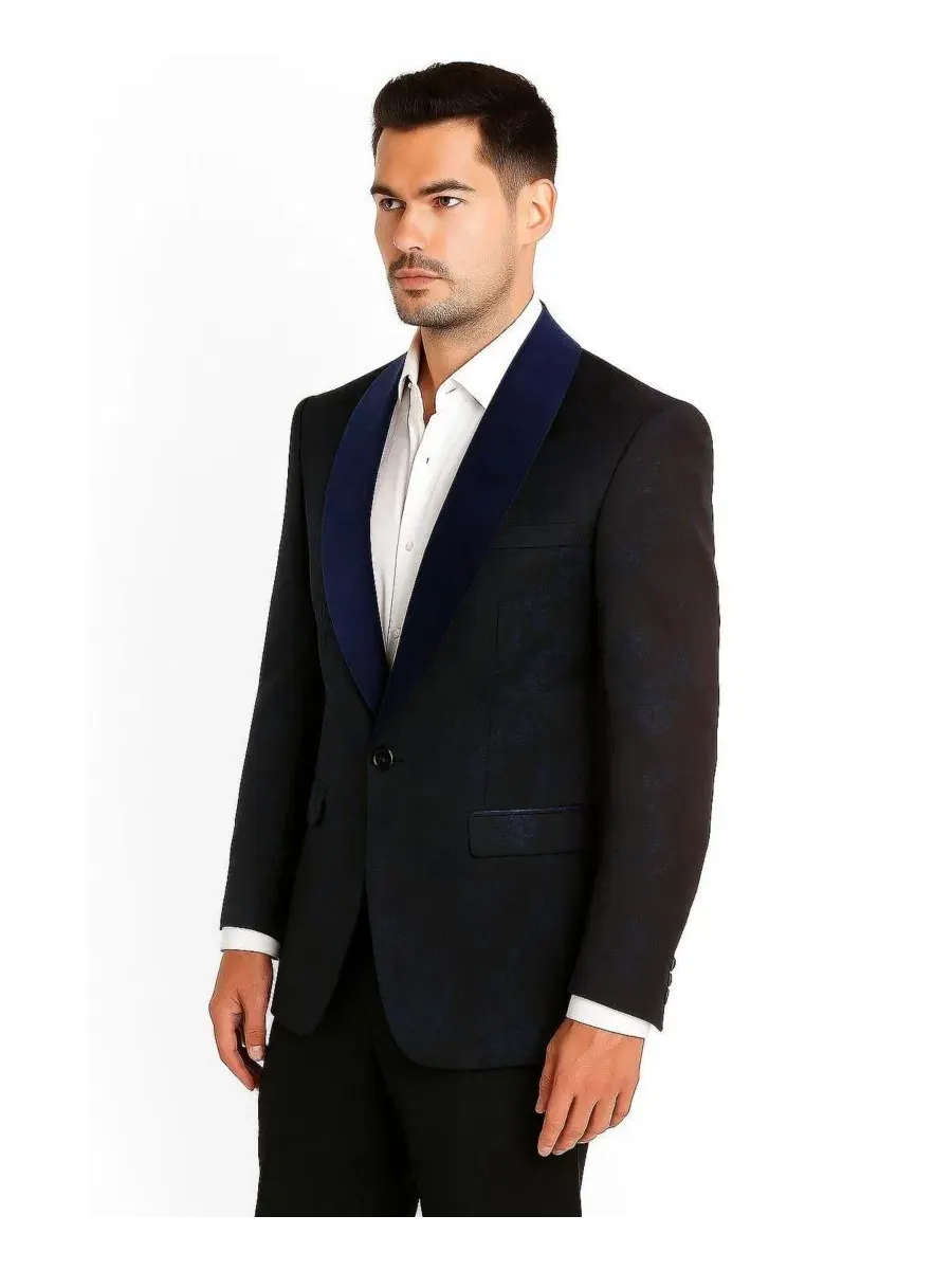 Мужской пиджак с цветочным принтом и шалевым воротником, Slim Fit Elie Balleh — изображение 3 из 3, темно-синий