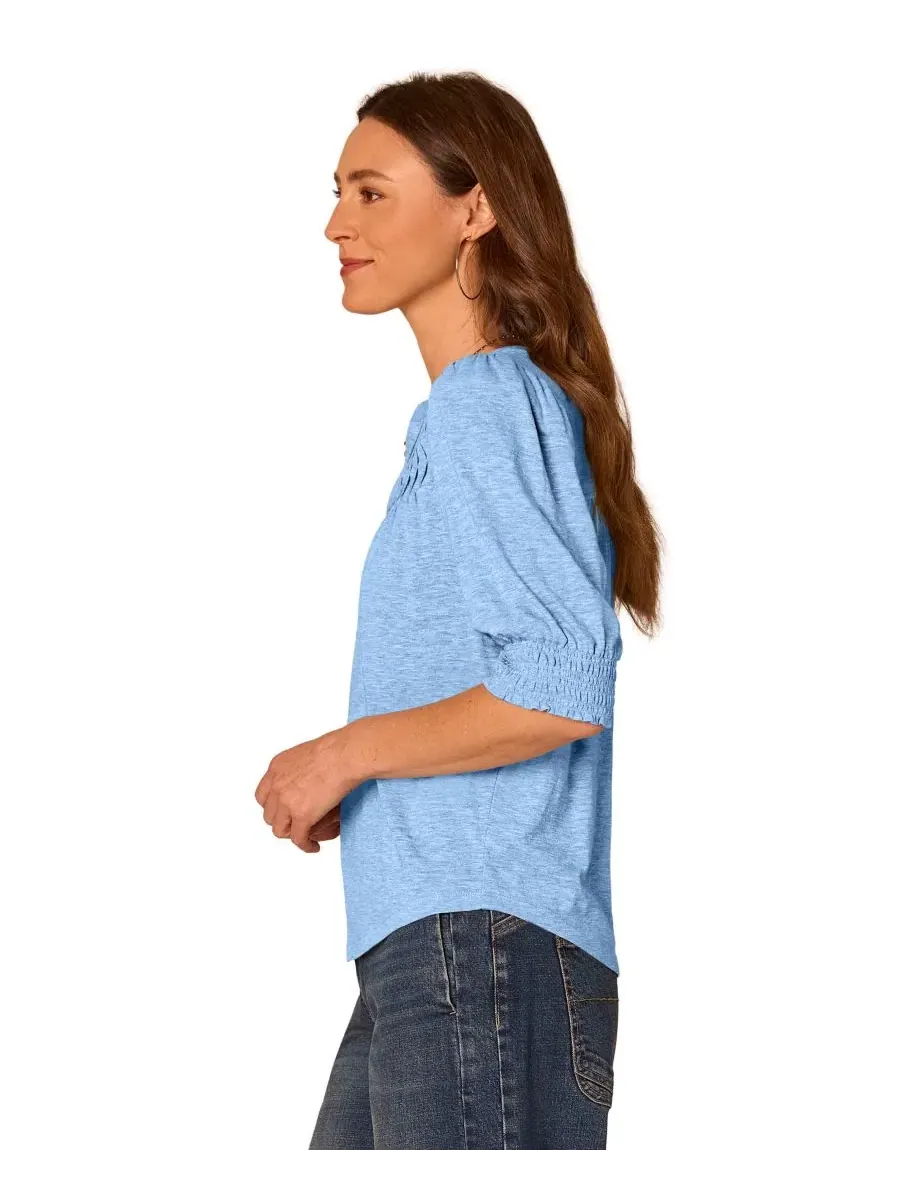 Топ из хлопка с воротником-мандарин и рукавом-фонарик Petite Mandarin Collar Blouson-Sleeve Knit — изображение 2 из 3, синий