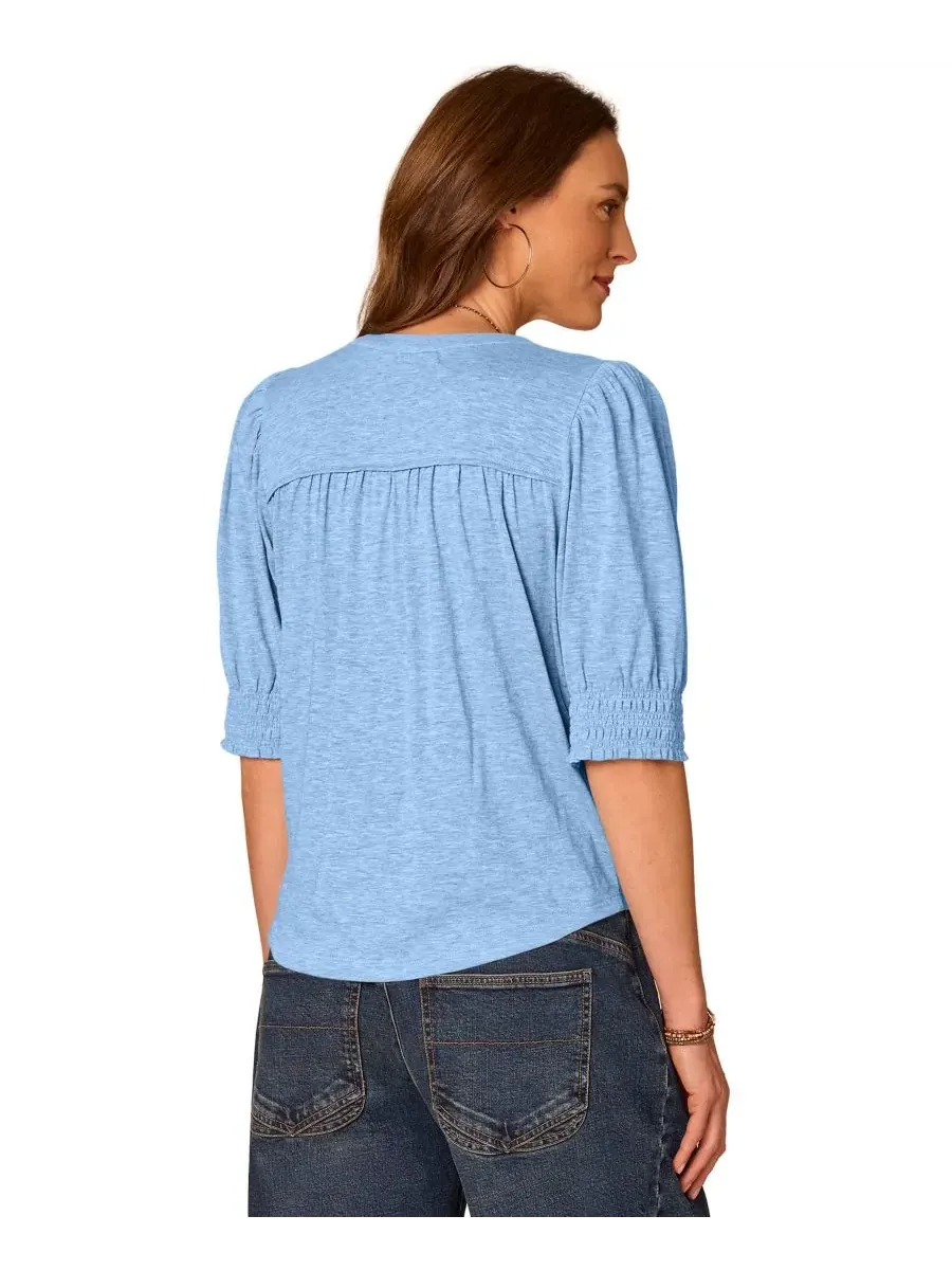 Топ из хлопка с воротником-мандарин и рукавом-фонарик Petite Mandarin Collar Blouson-Sleeve Knit — изображение 3 из 3, синий