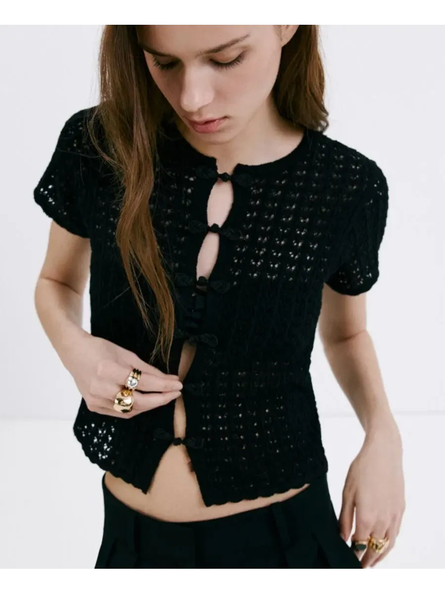 Женский кардиган с принтом, с коротким рукавом, модель Open-Knit Toggle MANGO — изображение 4 из 6, черный