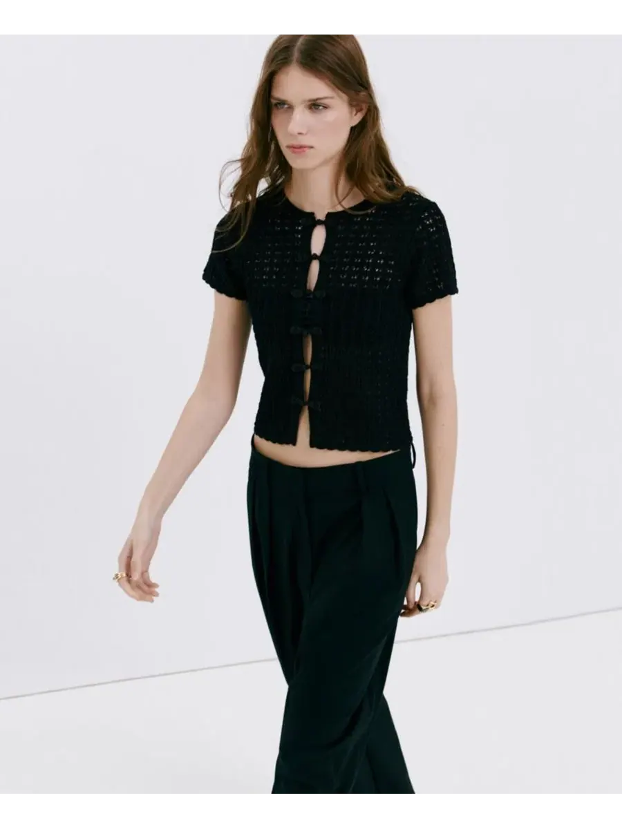 Женский кардиган с принтом, с коротким рукавом, модель Open-Knit Toggle MANGO — изображение 6 из 6, черный