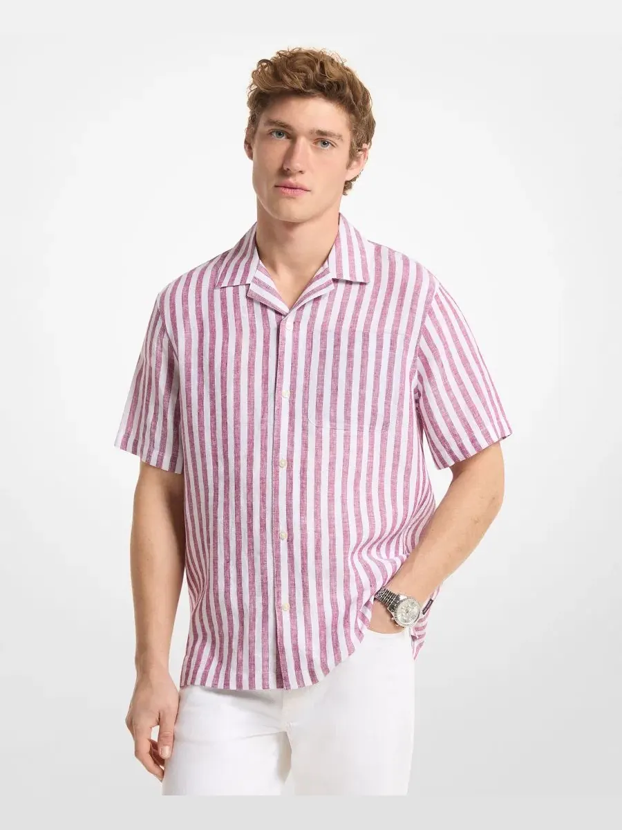 Рубашка с коротким рукавом и воротником-кэмп, модель Striped Camp-Collar Shirt Michael Kors