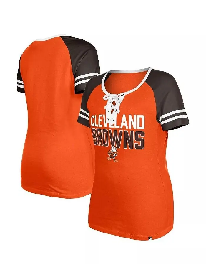 Женская оранжевая рваная футболка Cleveland Browns Throwback со шнуровкой реглан New Era — изображение 1 из 3, оранжевый