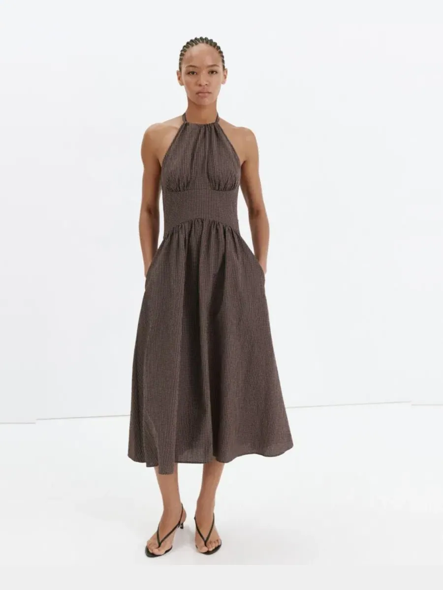 Платье-трапеция с галстуком на спине Gingham Check Halter Dress MANGO