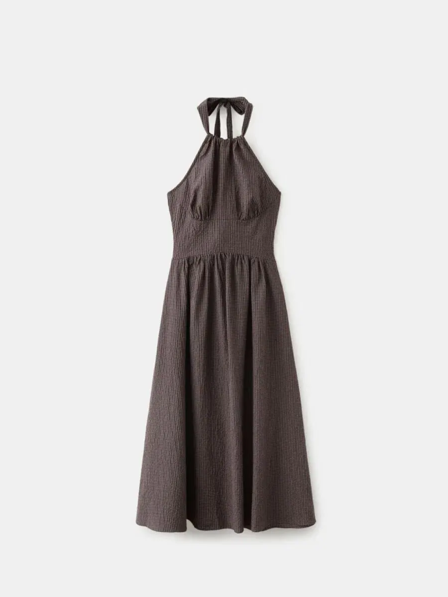 Платье-трапеция с галстуком на спине Gingham Check Halter Dress MANGO — изображение 2 из 6, коричневый
