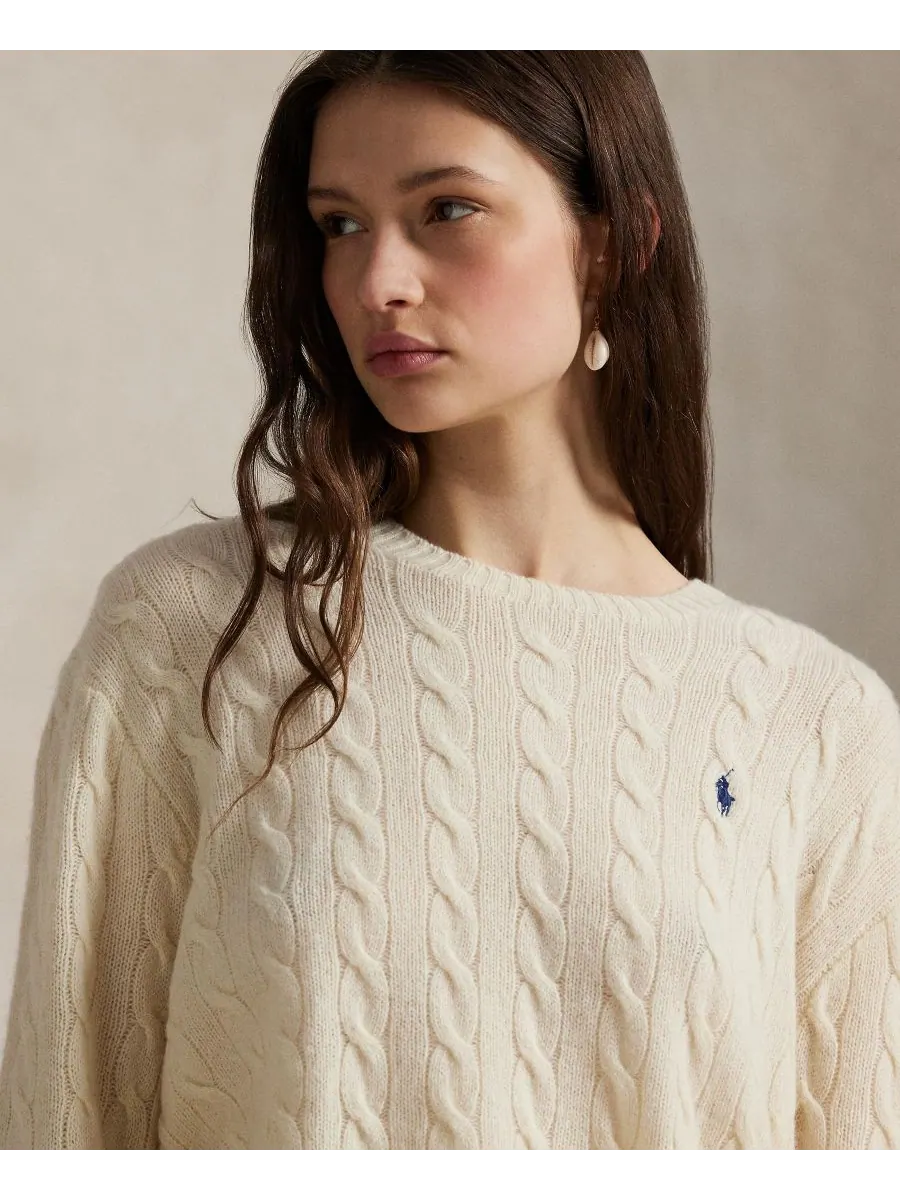 Женский свитер с круглым вырезом из шерсти и кашемира с косами Polo Ralph Lauren — изображение 3 из 7, кремовый