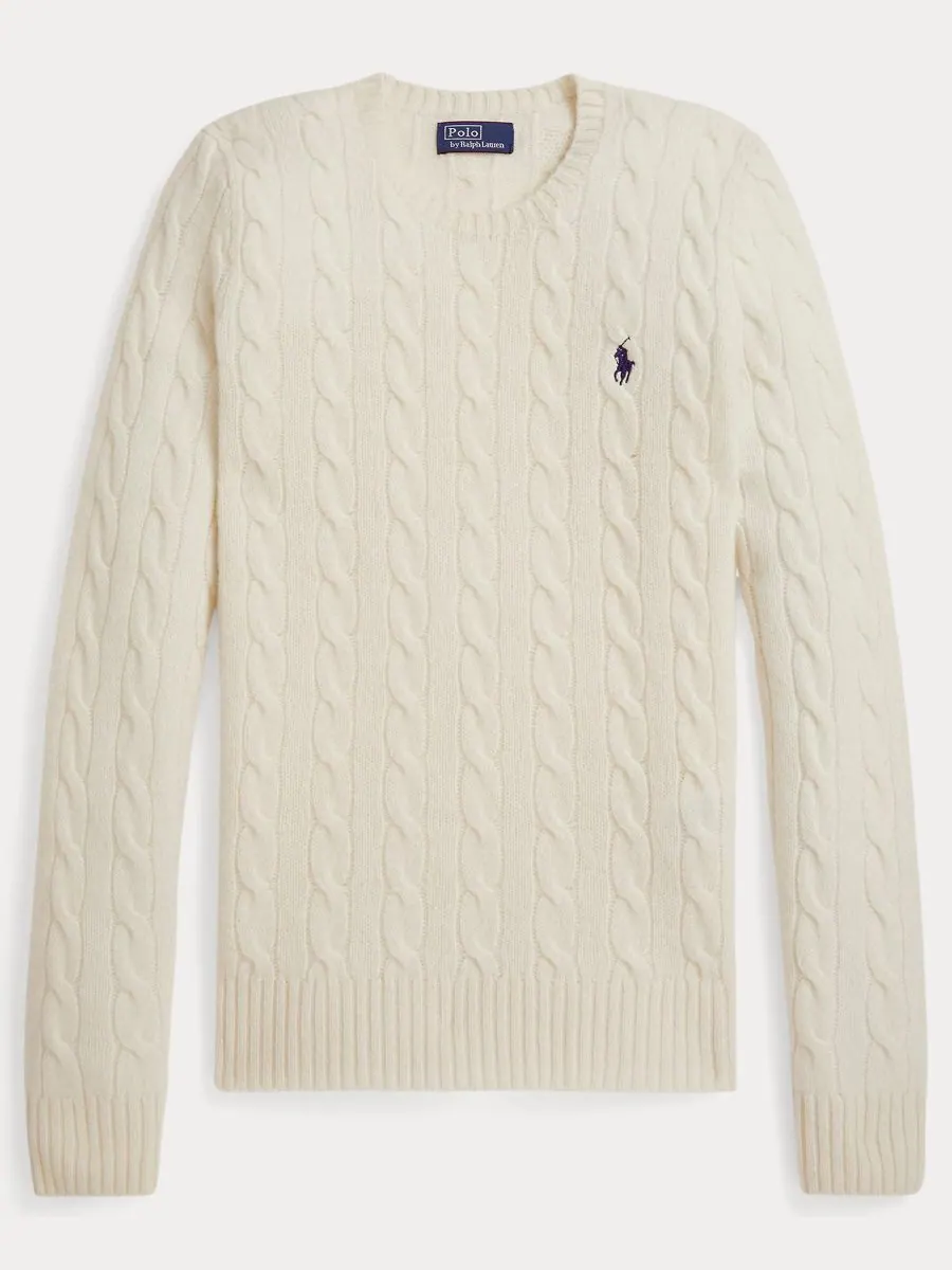Женский свитер с круглым вырезом из шерсти и кашемира с косами Polo Ralph Lauren — изображение 5 из 7, кремовый
