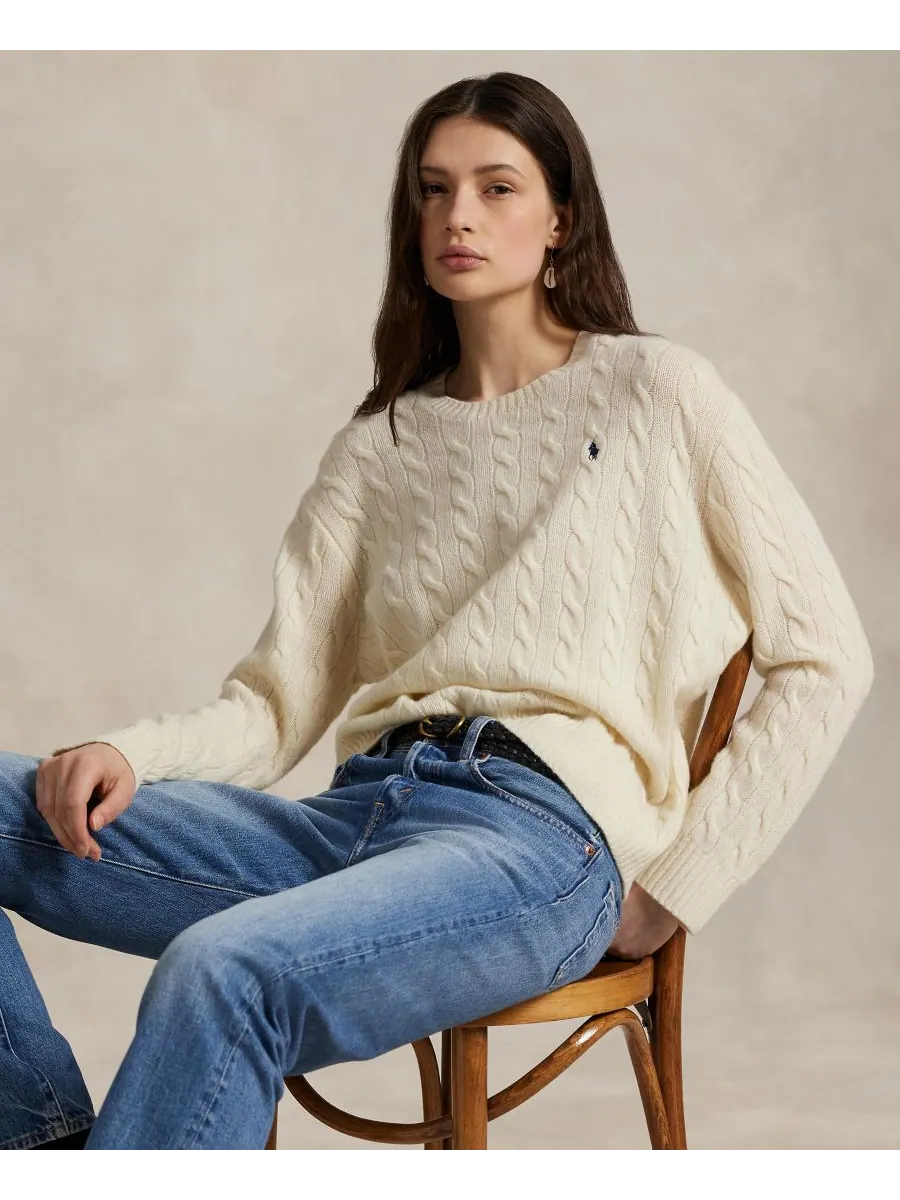 Женский свитер с круглым вырезом из шерсти и кашемира с косами Polo Ralph Lauren — изображение 6 из 7, кремовый