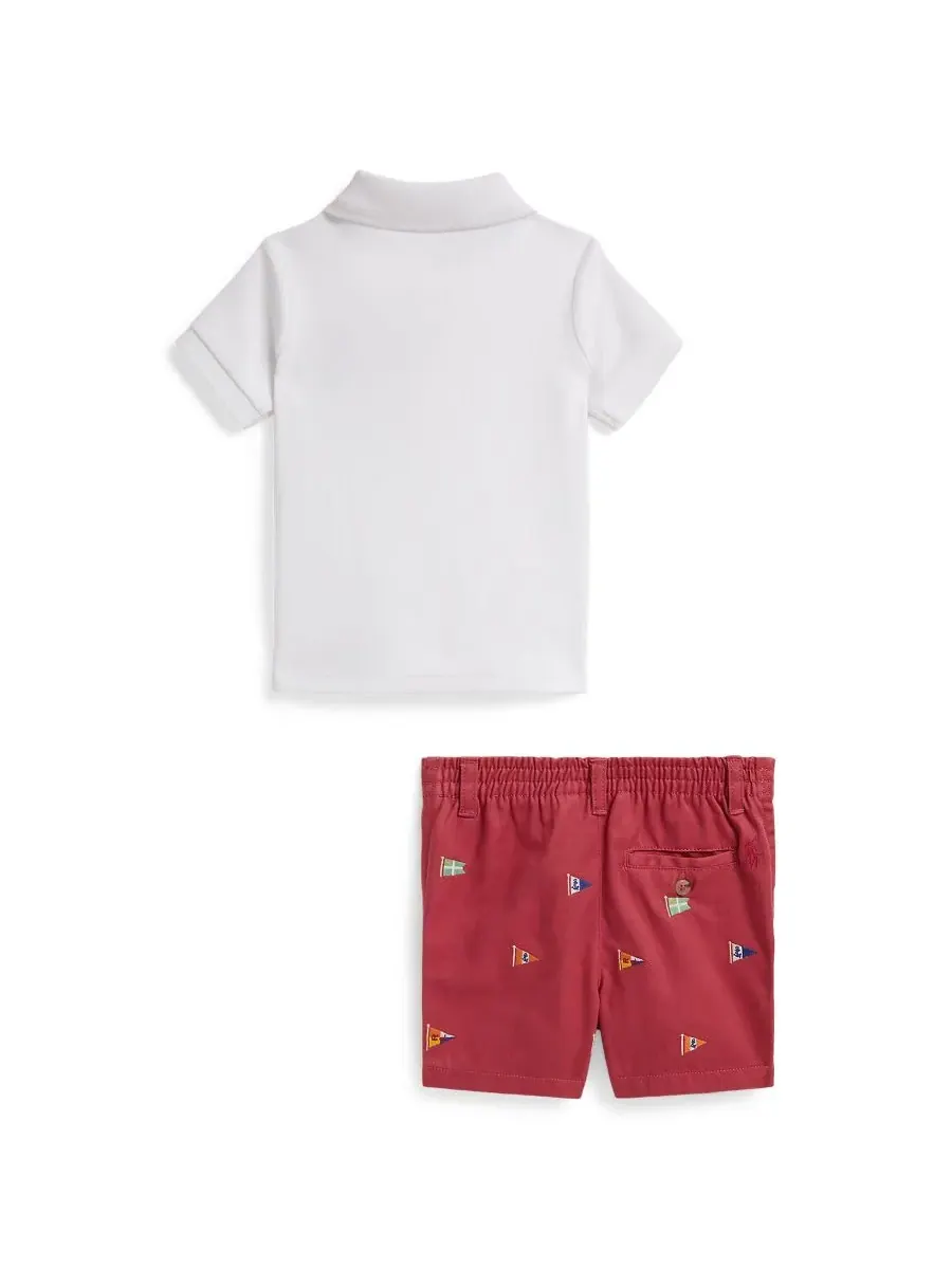 Детский комплект для мальчика: поло с принтом медведя и шорты Polo Ralph Lauren — изображение 2 из 4, белый красный