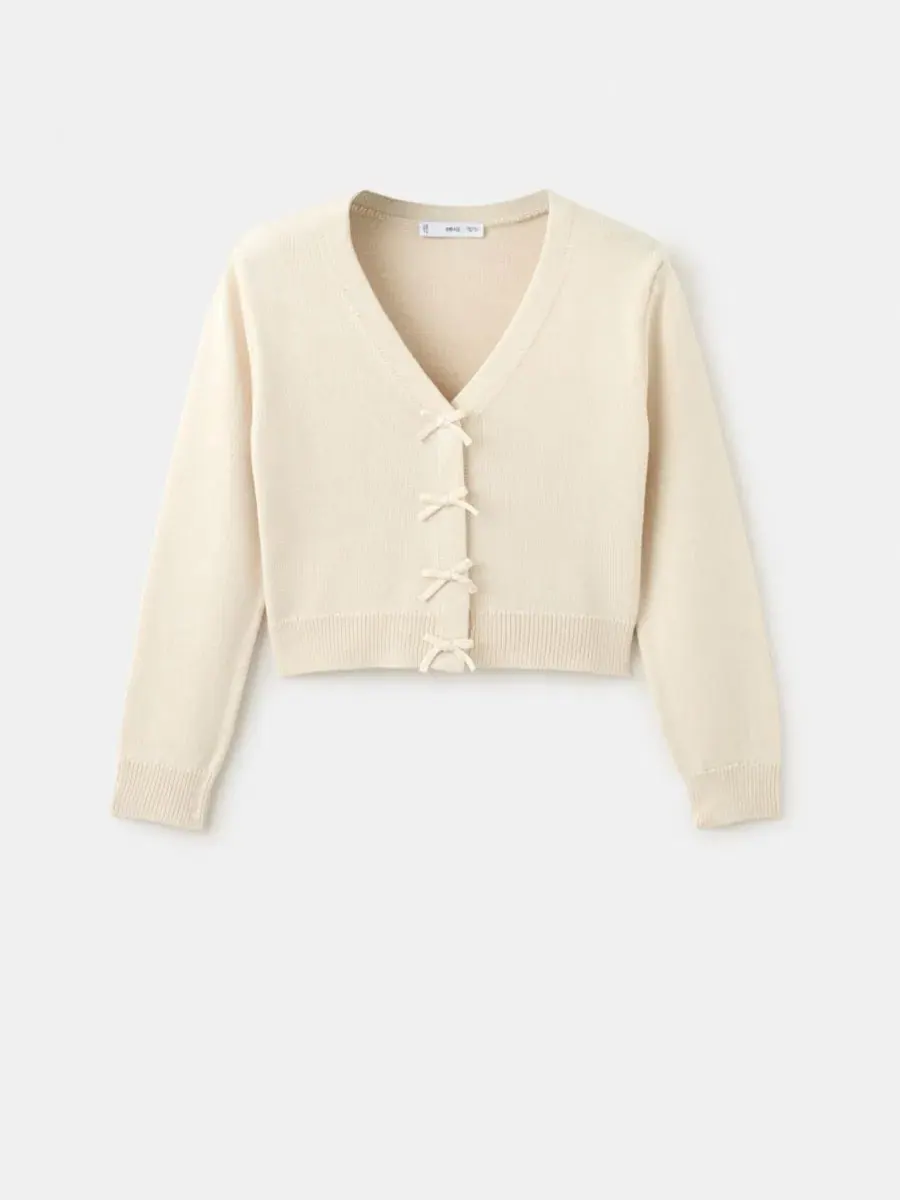 Кардиган с завязками Women's Ties Knitted Cardigan MANGO — изображение 2 из 5, экру