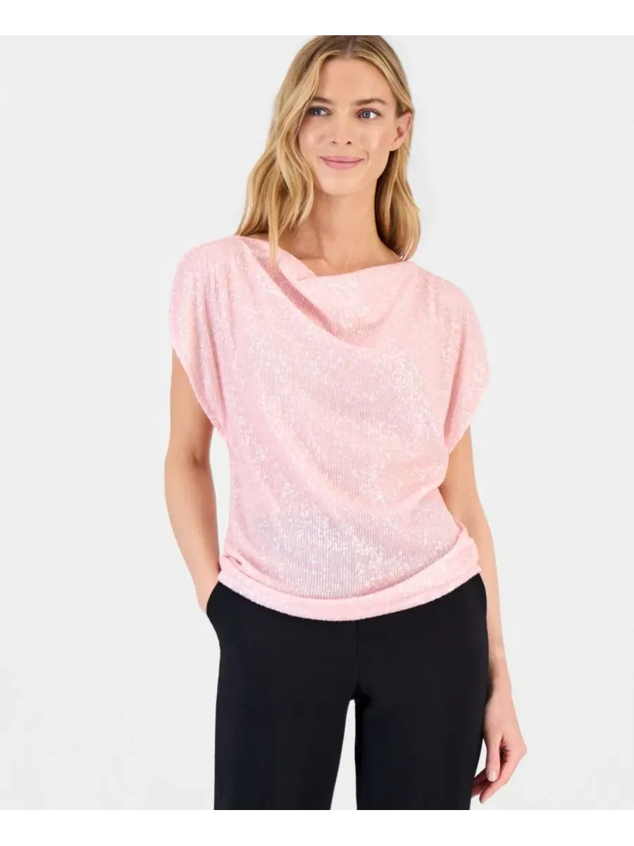 Блуза с пайетками, с воротником-качели, с коротким рукавом Anne Klein