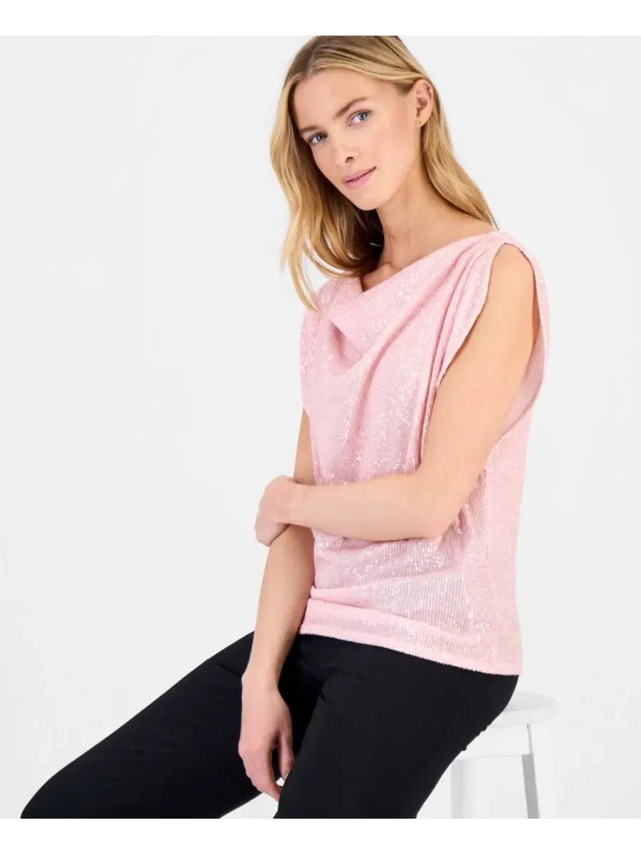 Блуза с пайетками, с воротником-качели, с коротким рукавом Anne Klein — изображение 2 из 4, розовый