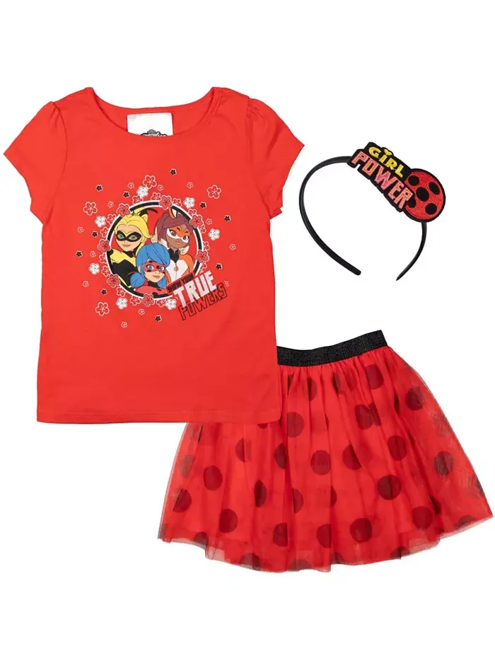 Футболка, юбка и атласная повязка для девочек Ladybug Rena Rouge Queen Bee, комплект из 3 предметов — красный