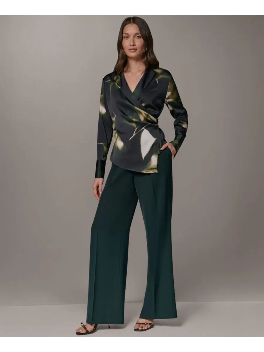 Блуза с V-образным вырезом и длинным рукавом с принтом Donna Karan New York — изображение 2 из 7, оливковый мульти