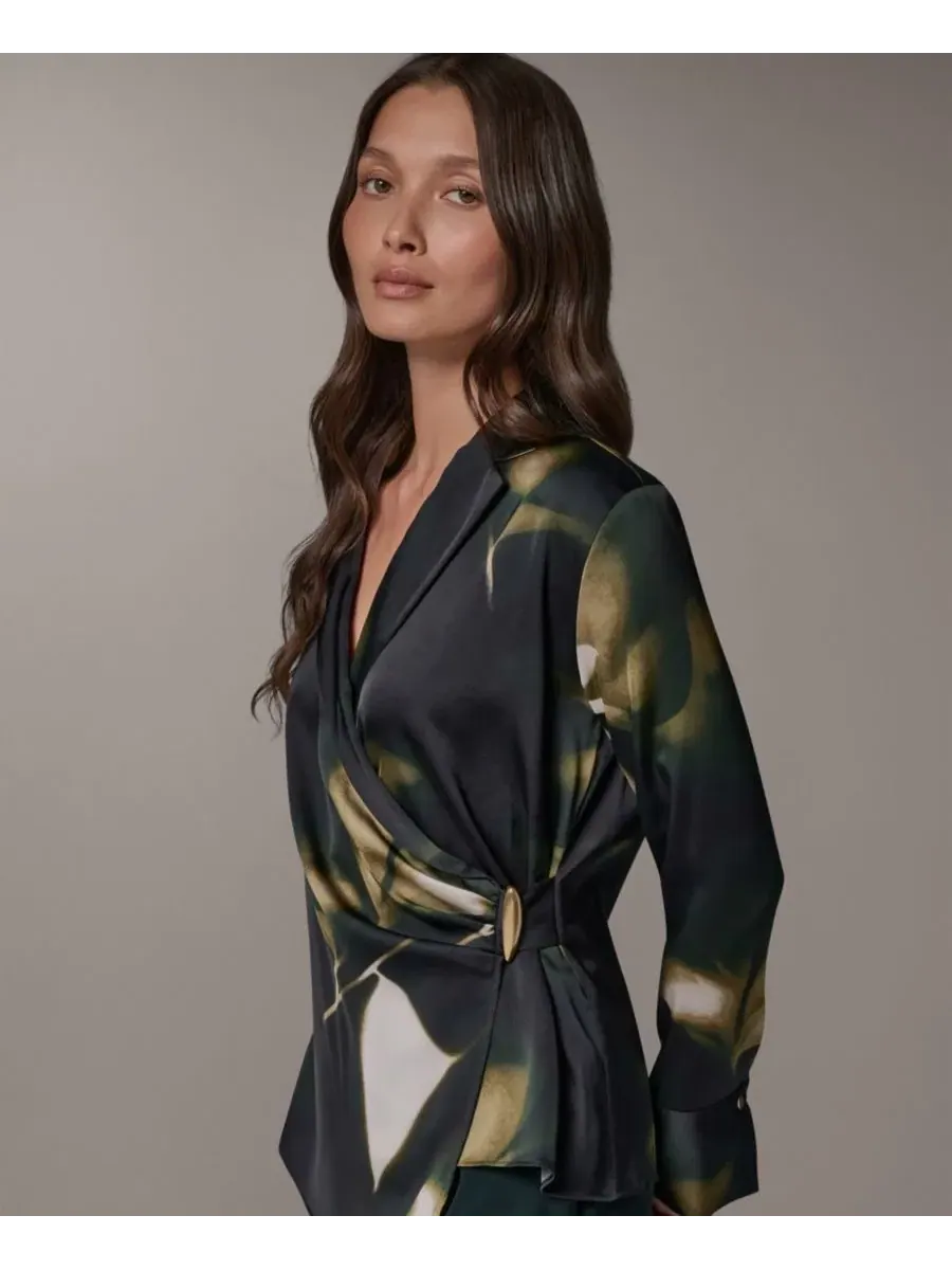 Блуза с V-образным вырезом и длинным рукавом с принтом Donna Karan New York — изображение 3 из 7, оливковый мульти