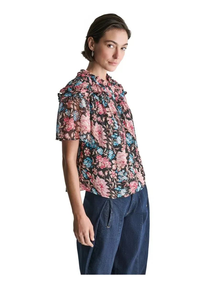 Блуза с коротким рукавом и рюшами BCBG — изображение 3 из 8, черный мульти