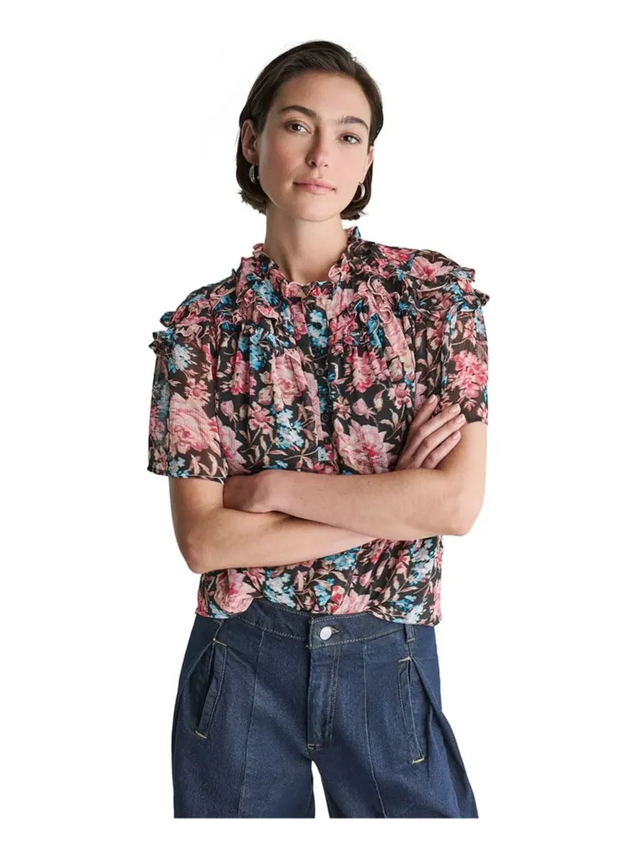 Блуза с коротким рукавом и рюшами BCBG — изображение 4 из 8, черный мульти