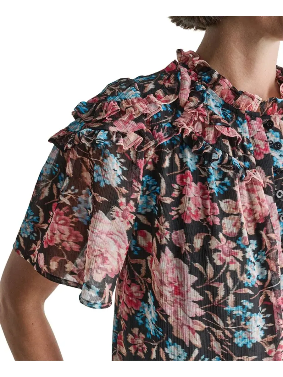 Блуза с коротким рукавом и рюшами BCBG — изображение 6 из 8, черный мульти