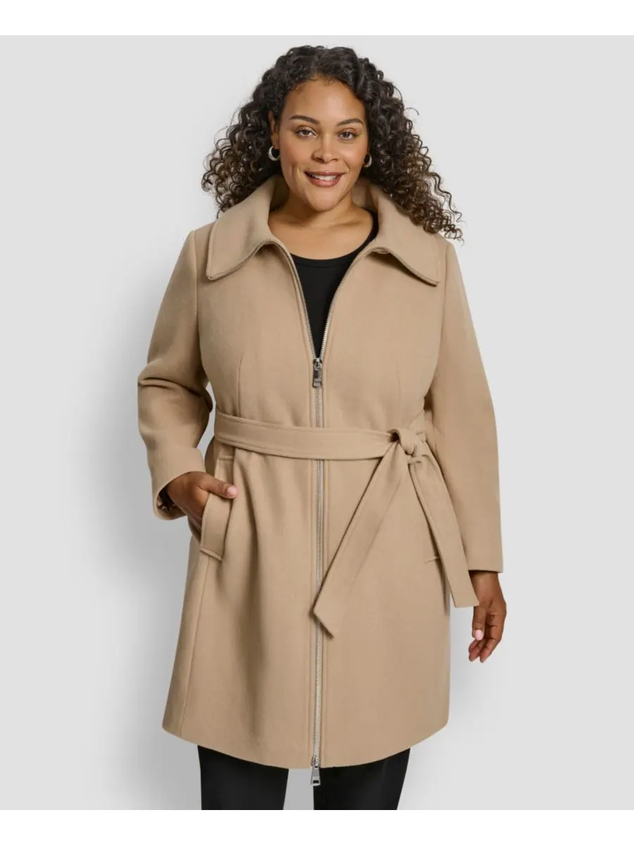 Шерстяное пальто большого размера с поясом и застежкой-молнией DKNY, Lt Camel