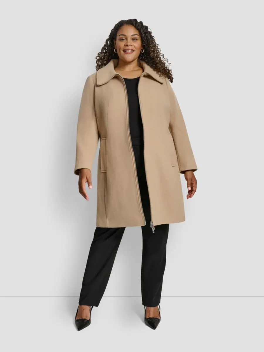 Шерстяное пальто большого размера с поясом и застежкой-молнией DKNY, Lt Camel — изображение 4 из 5
