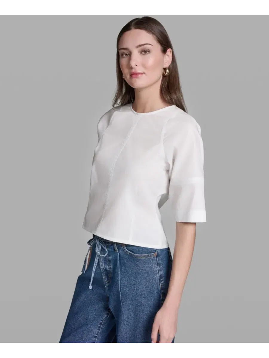 Блуза с коротким рукавом, с воротником-лодочкой, из хлопка BCBG — изображение 3 из 7, белый