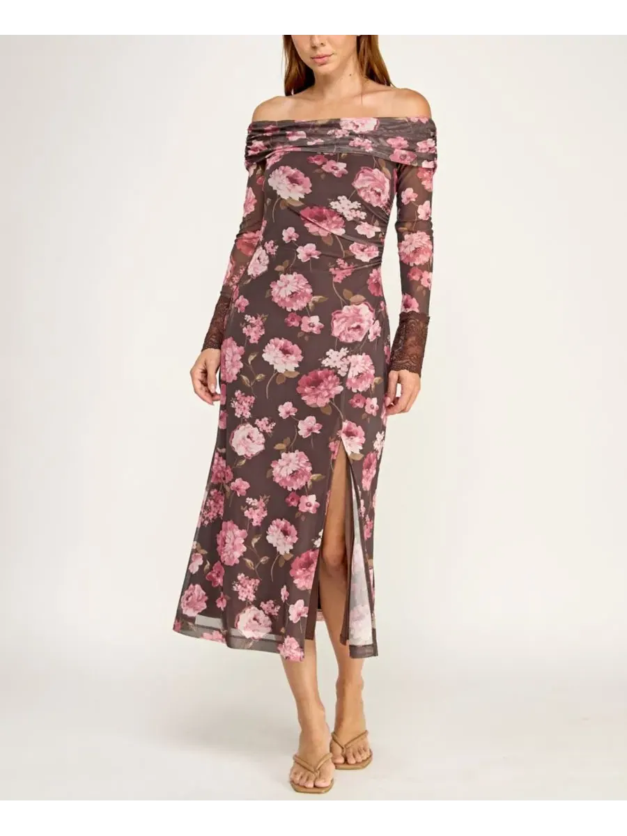 Платье-миди с цветочным принтом, модель Off-The-Shoulder Long-Sleeve Floral Printed Mesh Midi Dress