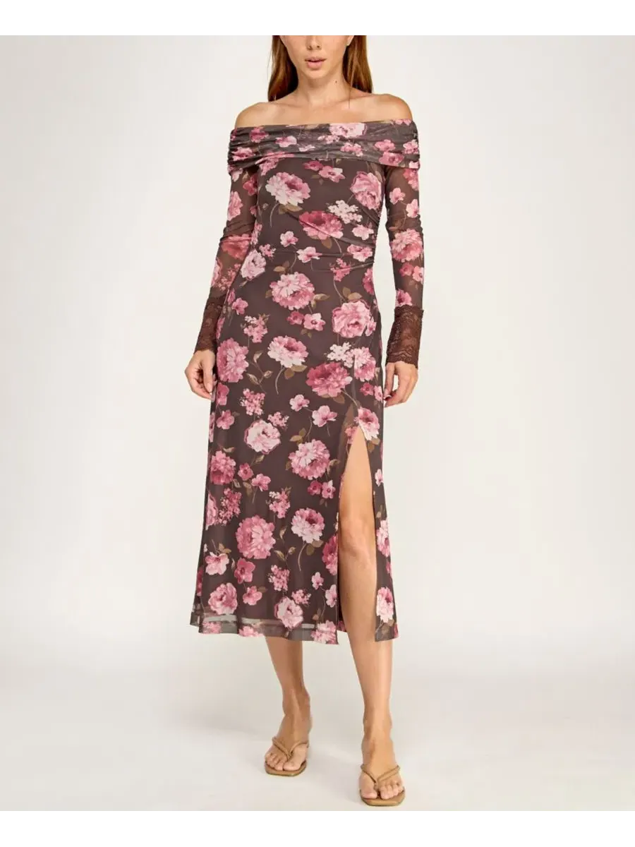 Платье-миди с цветочным принтом, модель Off-The-Shoulder Long-Sleeve Floral Printed Mesh Midi Dress — изображение 2 из 12