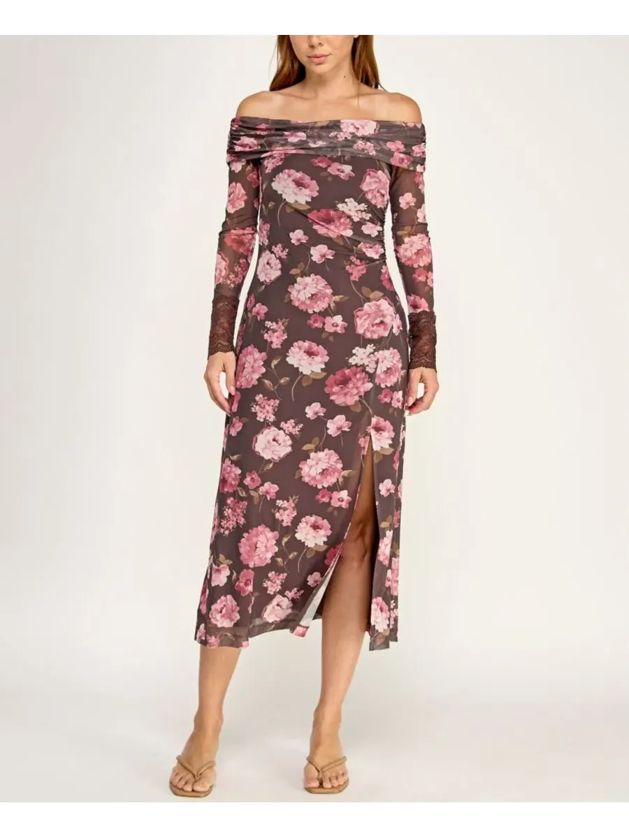Платье-миди с цветочным принтом, модель Off-The-Shoulder Long-Sleeve Floral Printed Mesh Midi Dress — изображение 4 из 12