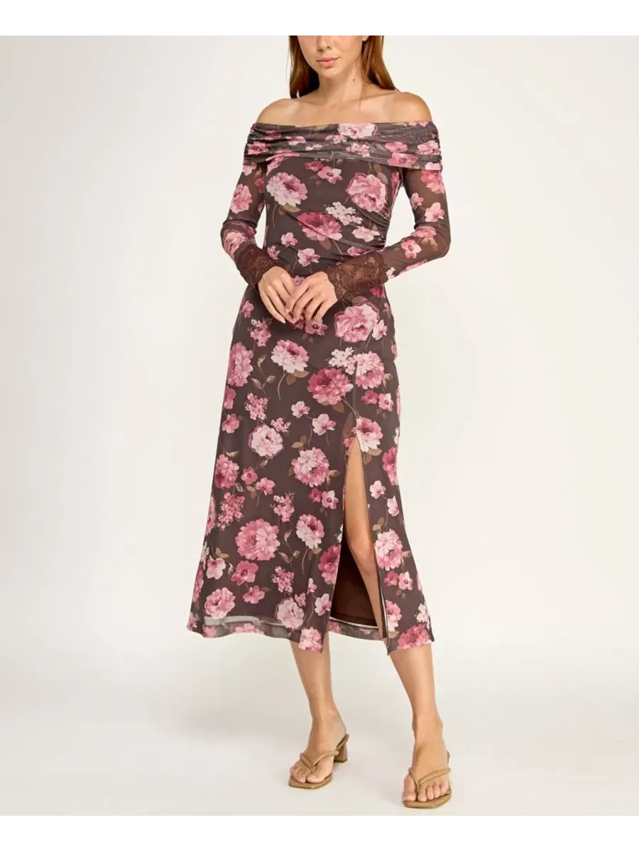 Платье-миди с цветочным принтом, модель Off-The-Shoulder Long-Sleeve Floral Printed Mesh Midi Dress — изображение 8 из 12