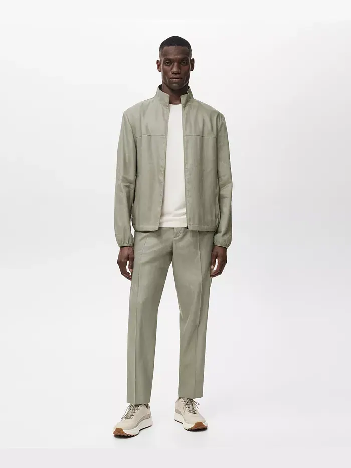 Мужская льняная куртка на молнии MANGO — изображение 2 из 9, оливковый зеленый
