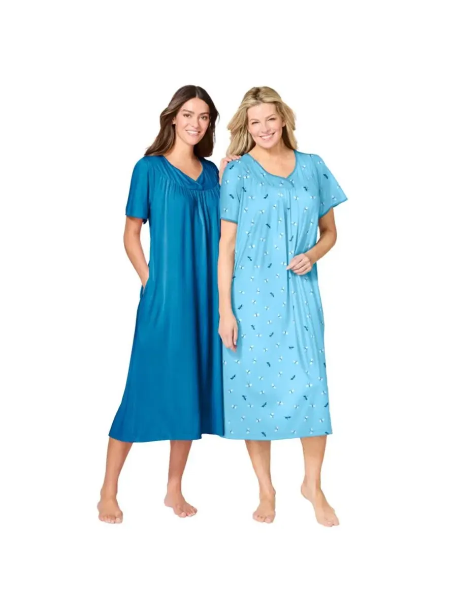 Ночная рубашка-биб с коротким рукавом, 2 шт, модель Plus Size Only Necessities, Only Necessities — изображение 1 из 3, синий