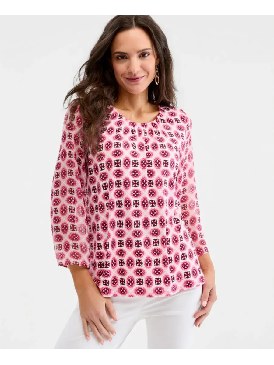Блуза из шифона с принтом Aria Tile, 3/4 рукав JM Collection, Sweet Cherry