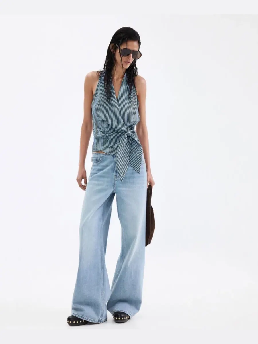 Блуза-запах с принтом, модель Striped Wrap MANGO — изображение 2 из 6, синий